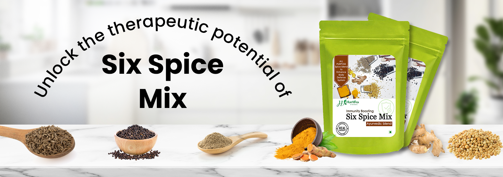 Haritha Foods Six Spice Mix: A flavorful and healthy blend of six aromatic spices. Perfect for adding depth and taste to your dishes.